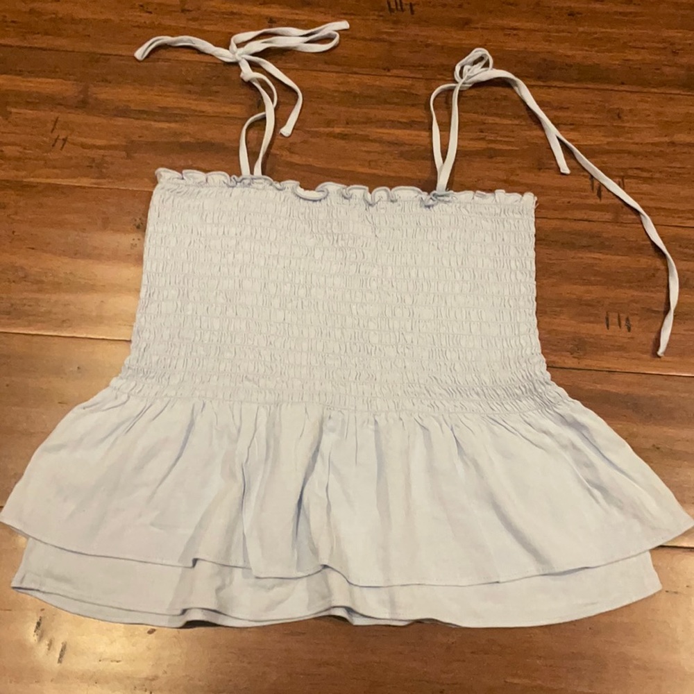 Baby blue peplum tie shoulder top